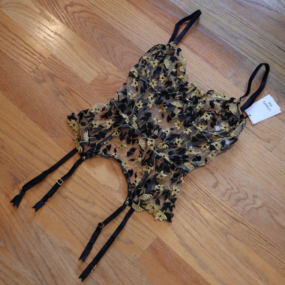 Studio Pia Soraya Basque size 3 NWT black gold floral top 30DD/32D/34C body XS-S